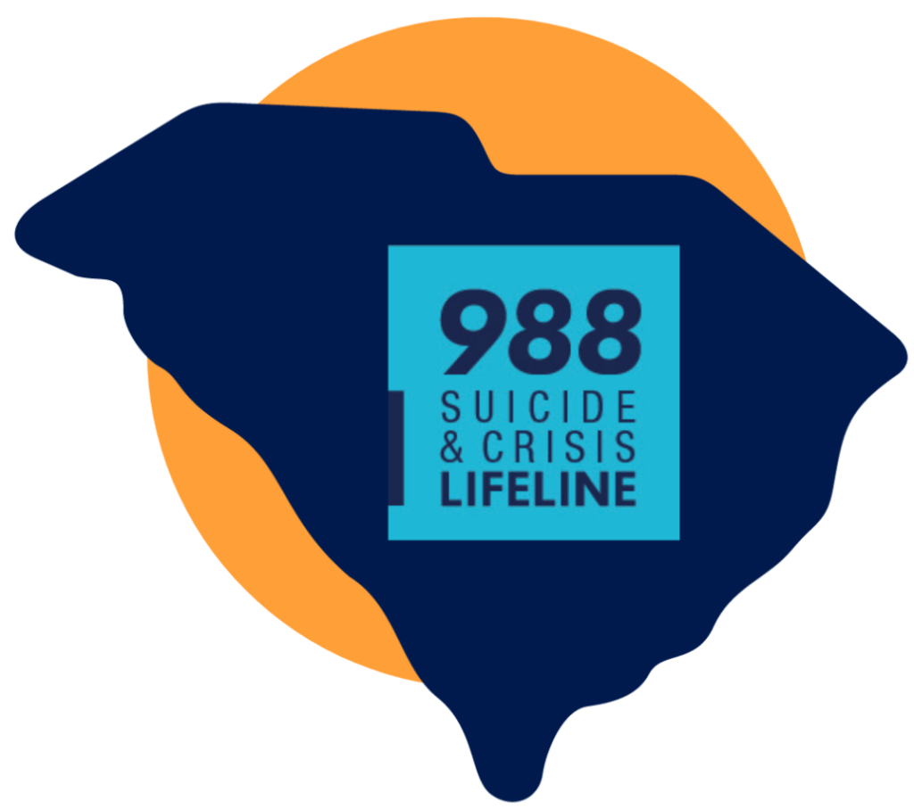 Over an orange dot, the shape of the state of South Carolina is presented in navy blue. On top is a teal blue square that reads 988 Suicide and Crisis Lifeline.