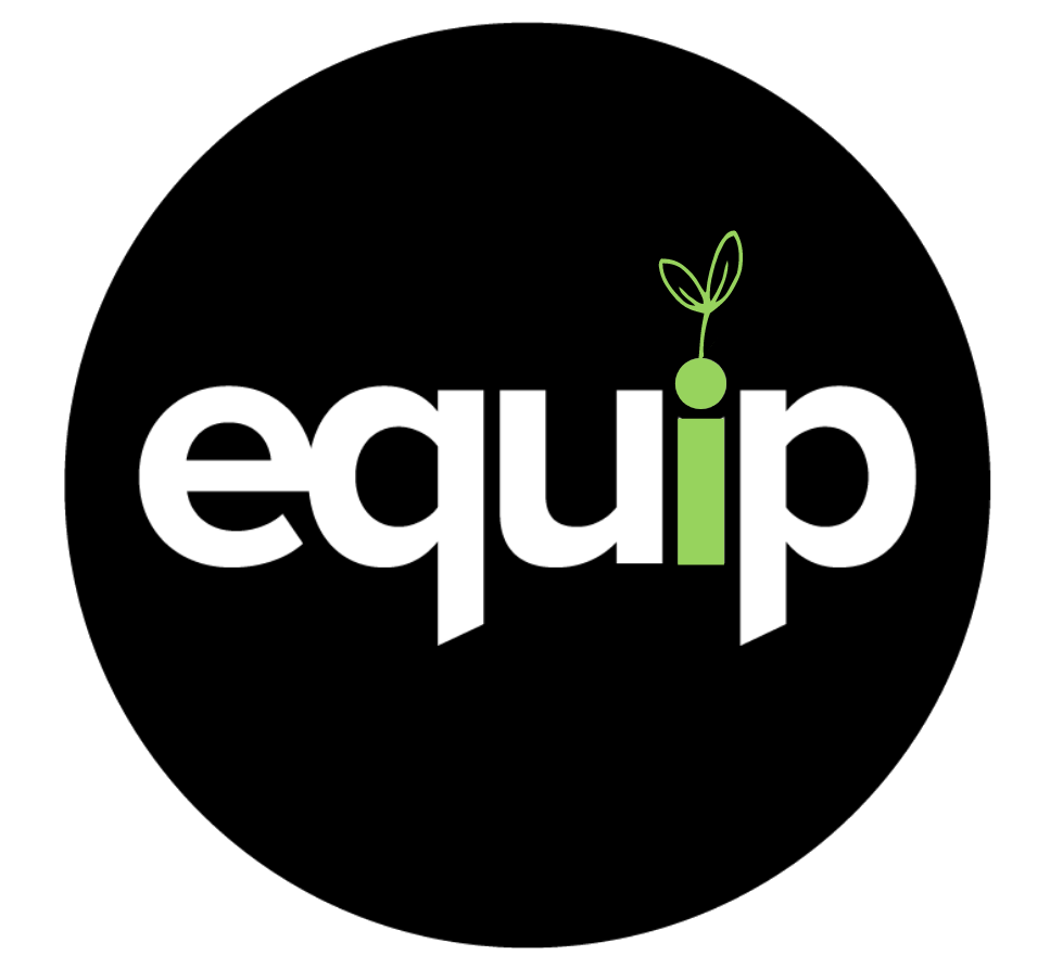 On a black circle, the word equip. The I is dotted with a small growing plant.