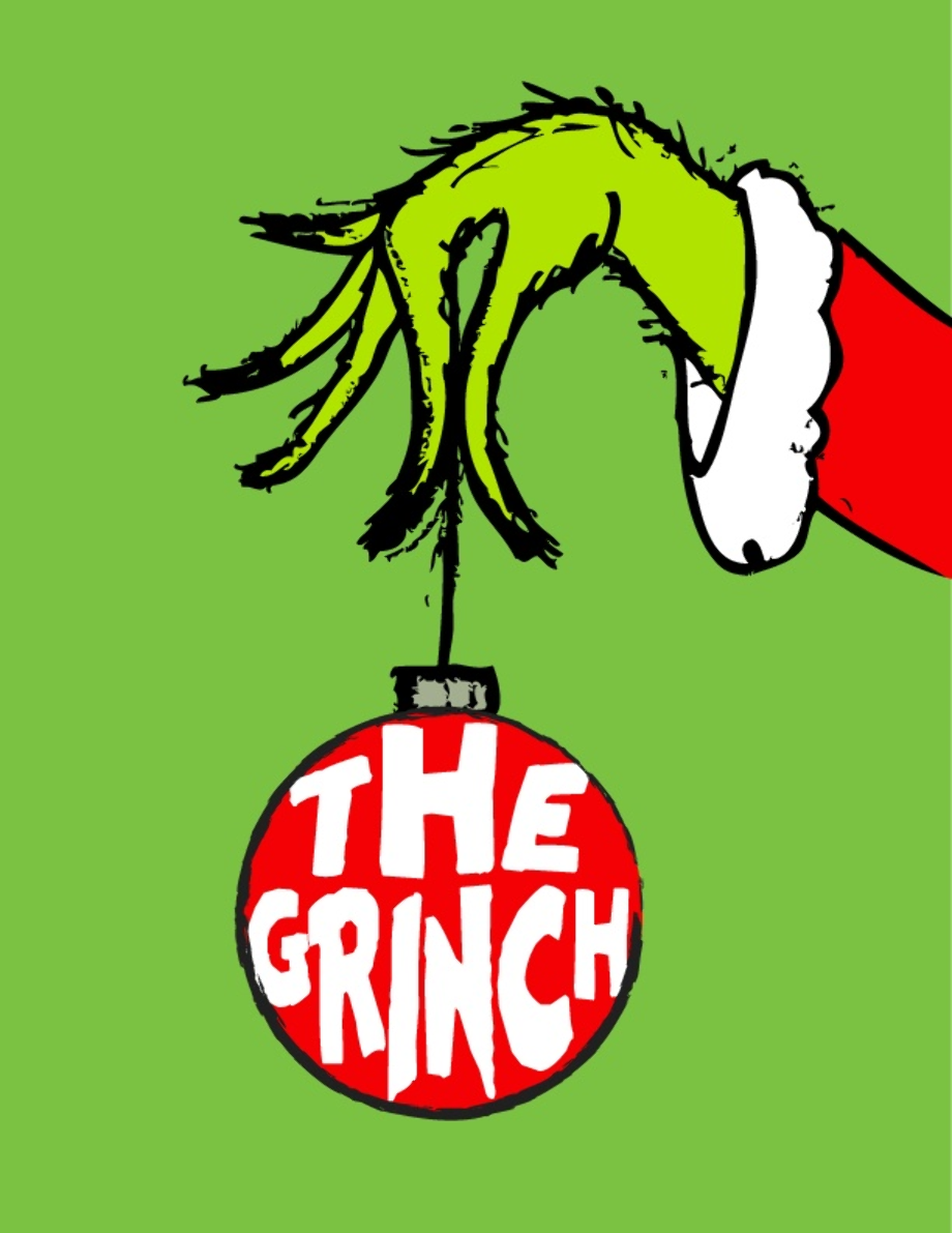 Against a green background, the hand of the Grinch with red sleeve and white cuff, holds a red Christmas ball that says The Grinch.