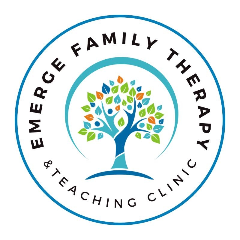 Inside a blue-ringed circle, a drawing of a multicolored tree surrounded by the words Emerge Family Therapy & Teaching Clinic