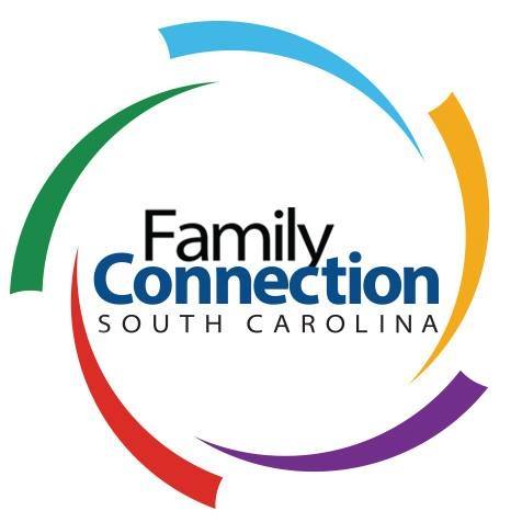 The words Family Connection South Carolina inside a swirl made of waves of blue, yellow, purple, red and green.
