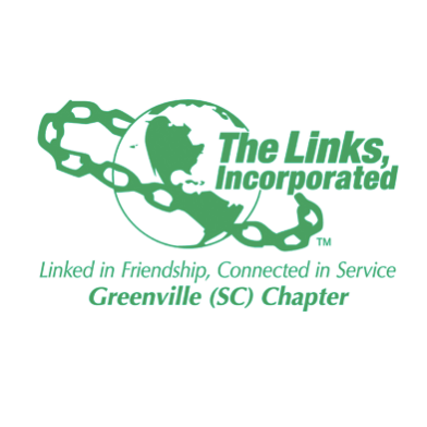 On a white field, a globe in green surrounded by a chain. The words Links Incorporated, Linked in Friendship, Connected in Service, Greenville SC Chapter
