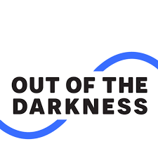 On a white back ground a blue wavy line over which in black are the words Out of the Darkness.