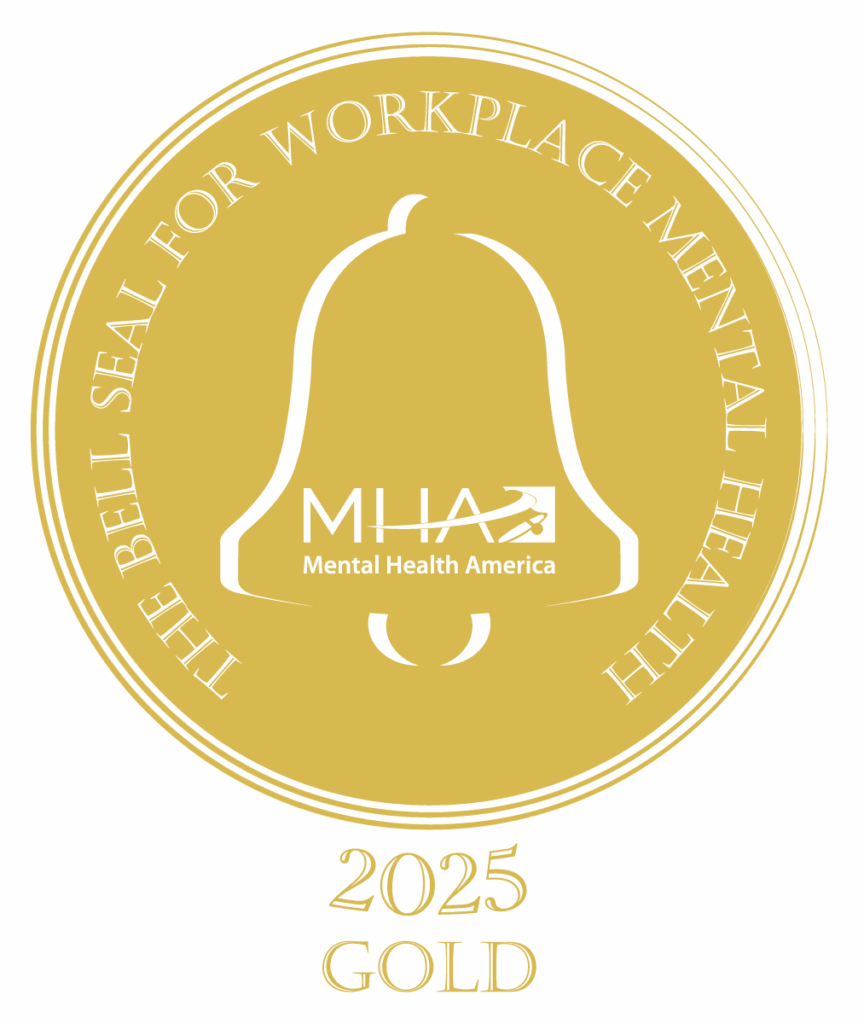 A Round seal featuring the image of a bell ant the MHA logo with the words The Bell Seal for Workplace Mental Health. Under are the words 2025 Gold.