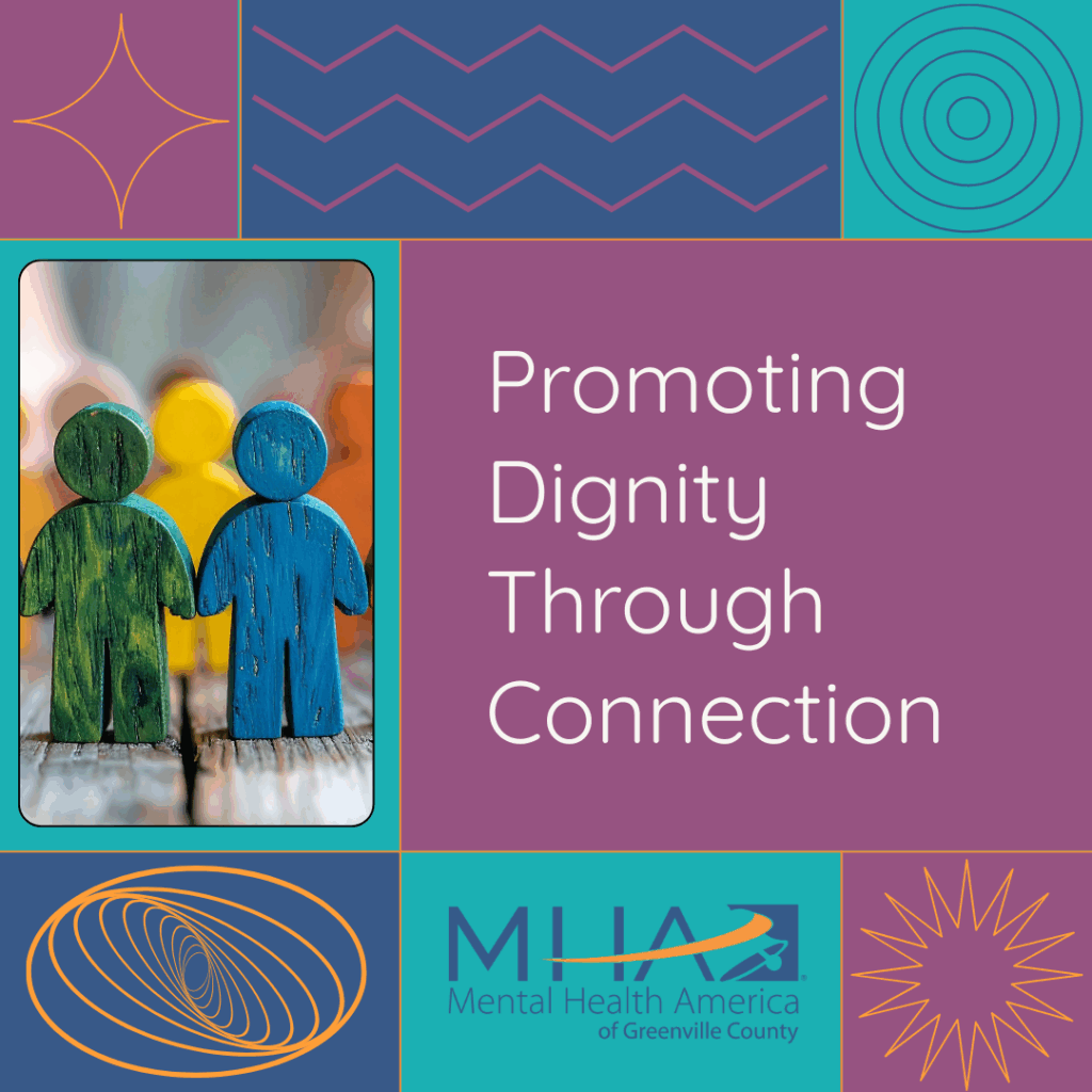 Several blocks of purple, blue and teal with a photo of wooden figurines shaped like people. The words "Promoting Dignity Though Connection"