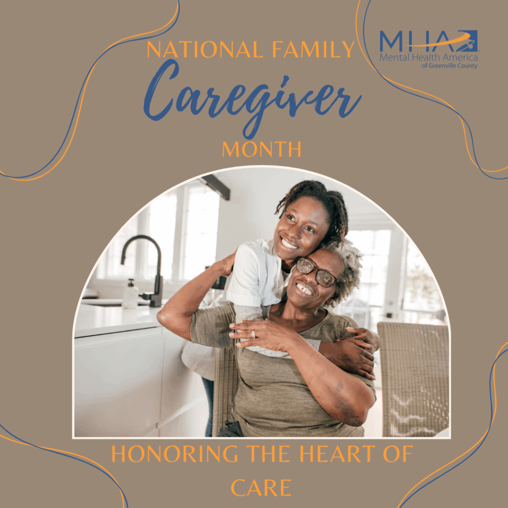 A photo of a young black woman hugging an older black woman from behind in a brightly lit kitchen. Over all the words, National Family Caregiver Month and the MHAGC logo
