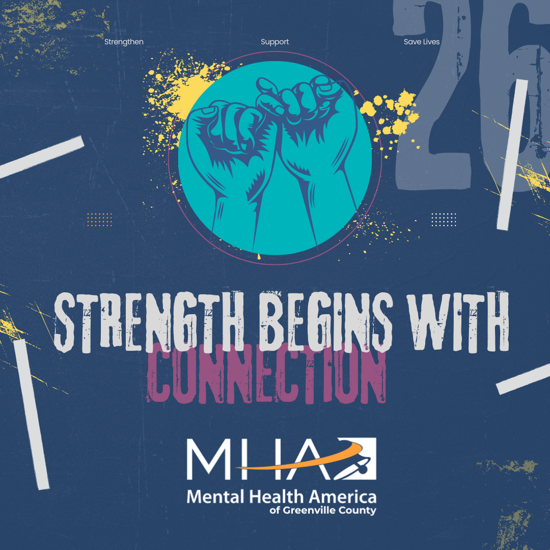 On a dark blue background a bright teal dot with two hands grasping Pinkies in a handshake. Below that the words Strength Begins with Connection and the MHAGC logo.