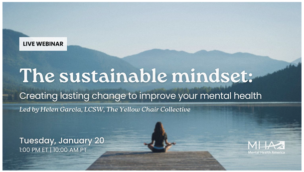 Against a background of mountains, a woman sits at the end of a dock on a lake in a lotus yoga pose. The name and time of the webinar are listed around her.