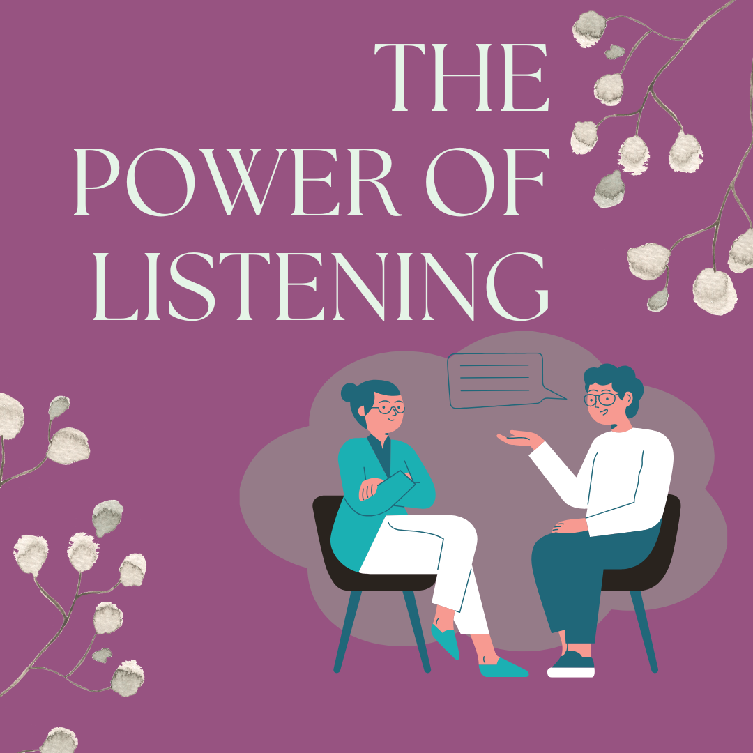 On a dark pink background the words The Power of Listening with a graphic of two people engaged in conversation.