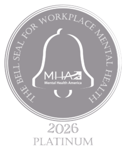 On a Silver background, the outline of a bell and the words The Bell Seal for Workplace Mental Health MHA 2026 Platinum