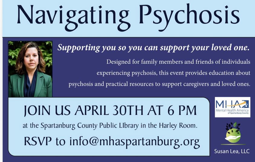 A photo of the speaker with the title and date of the event and the MHA of Spartanburg County logo.