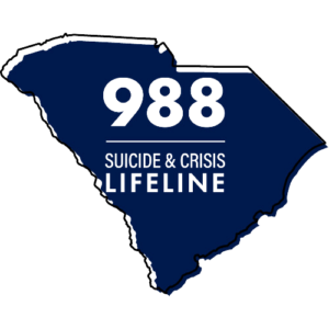The state of South Carolina graphic in navy blue with the 988 logo in the center in white.