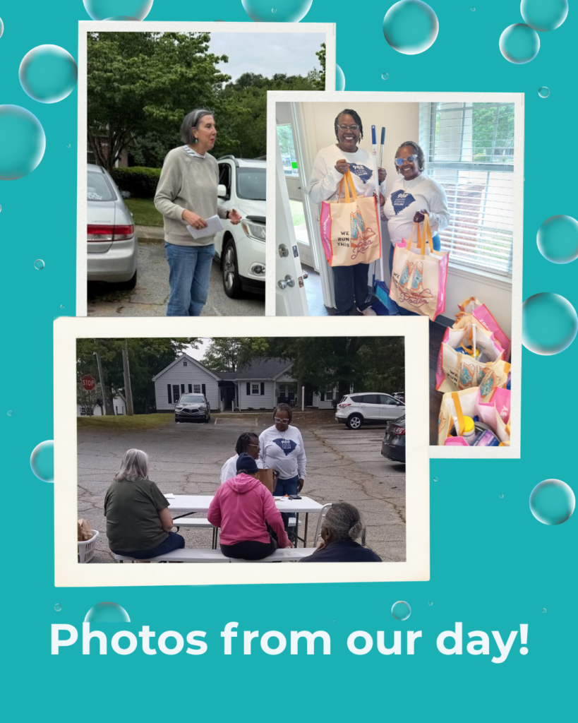 Several photos from the event. A white woman in a grey sweater speaks. A photo of two smiling black women wearing matching 988 shirts hold bright colored bags full of cleaning supplies. The last picture is of several people sitting at tables looking at a speaker. The caption reads - Photos from our day.