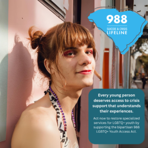 A smiling young person is leaning against a wall. The 988 Logo is visible as is information from the article.