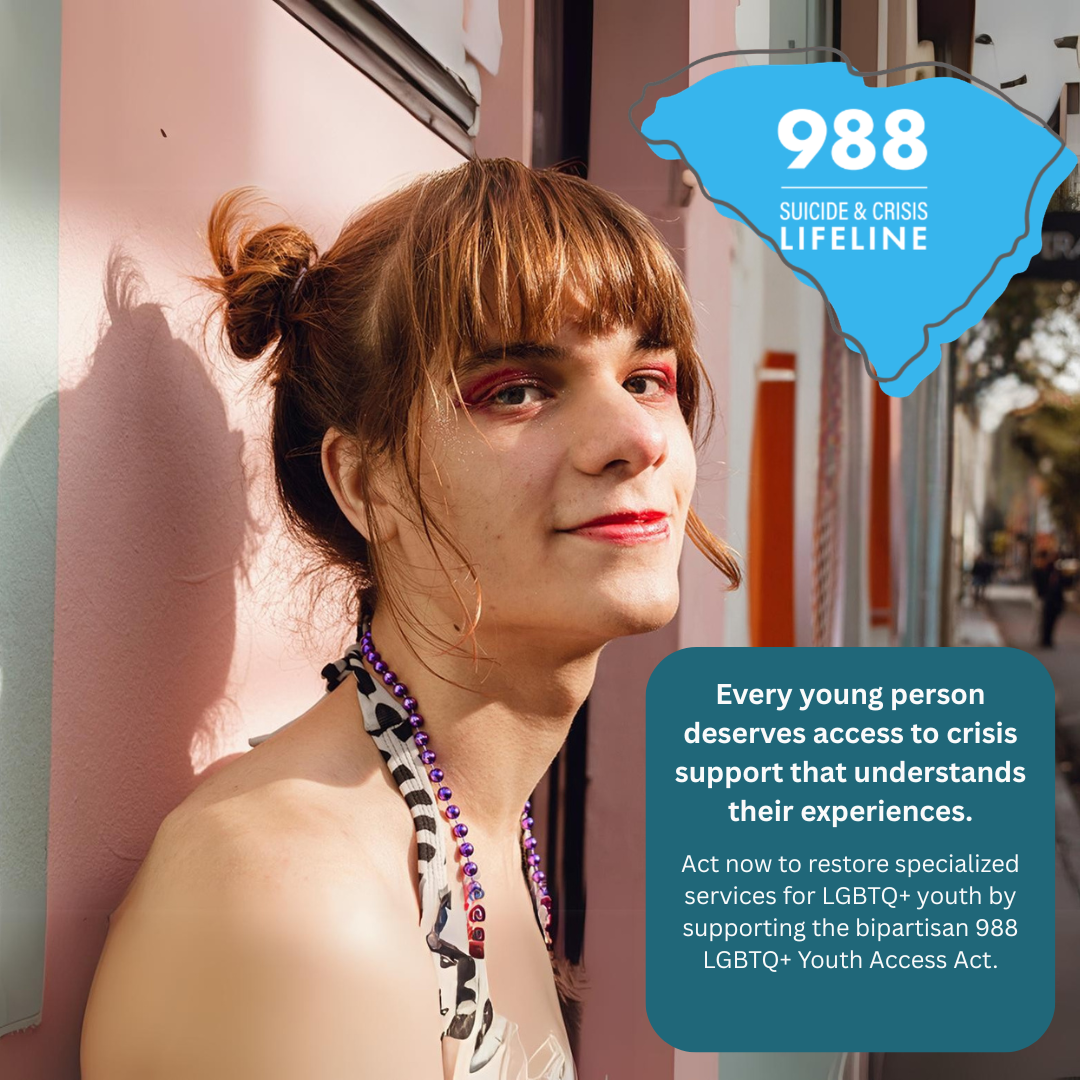 A smiling young person is leaning against a wall. The 988 Logo is visible as is information from the article.