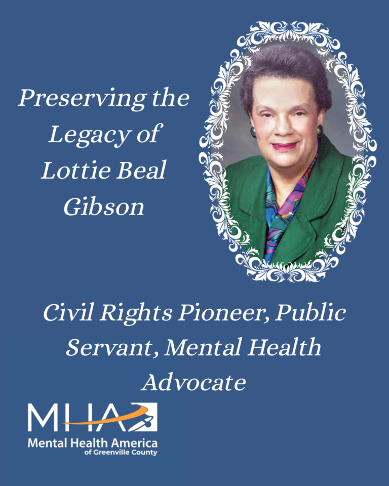 On a blue background, a framed picture of smiling black woman in a green jacket. The words, Preserving the legacy of Lottie Beal Gibson Civil Rights Pioneer, Public Servant, Mental Health Advocate