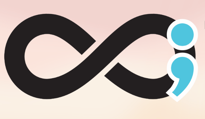 On a pink background, an infinity symbol with a semicolon applied over one end.