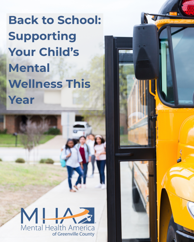 Children walking along side a school bus with the words Back to School Supporting Your Child's Mental Wellness This Year.