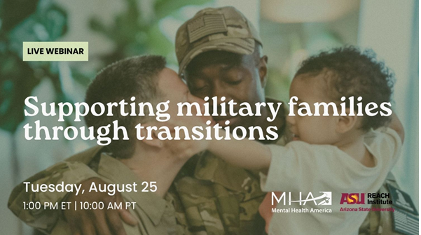A military family embracing with the name date and time of the webinar and the MHA and ASU logos