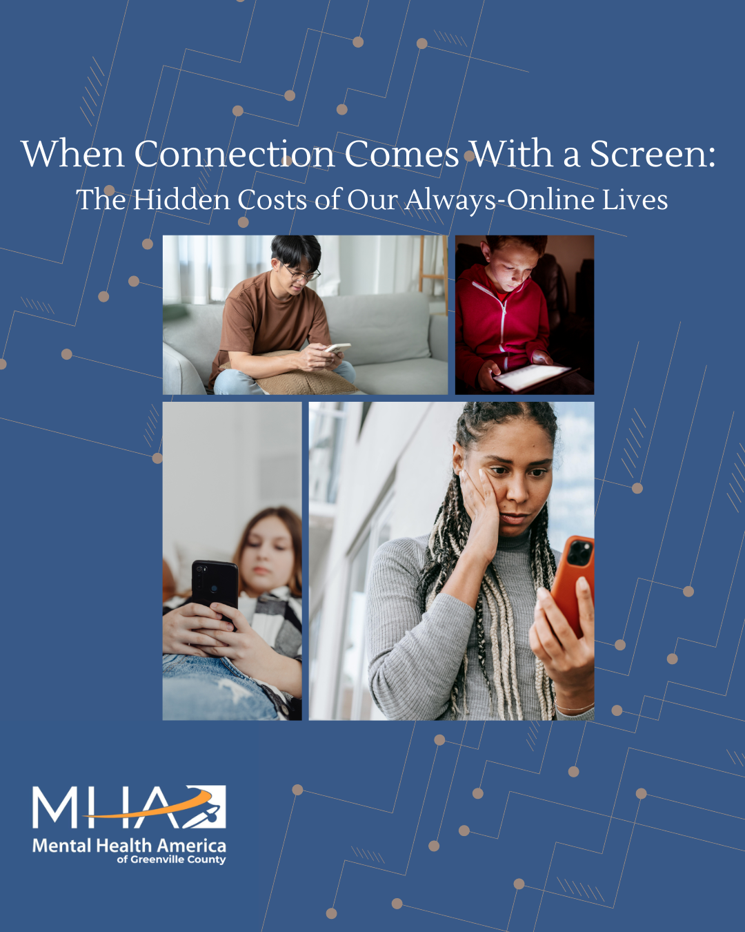 On a blue background, 4 photos of people looking at screens at the title of the article and the MHAGC logo