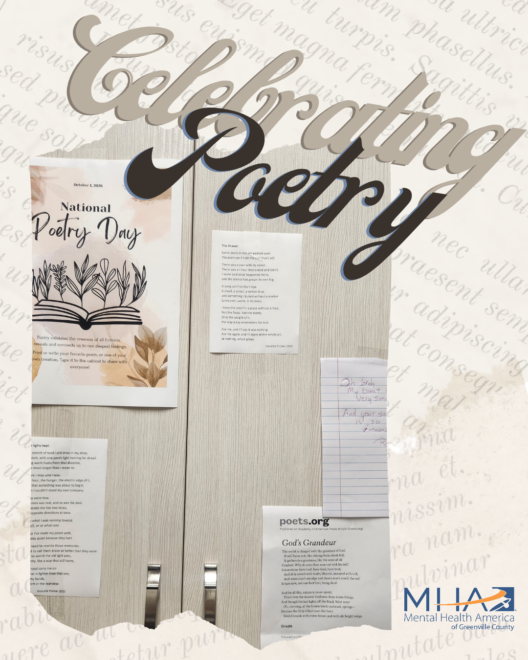 A photo of 2 cabinet walls covered with printed pages with the words Celebrating Poetry and the MHAGC logo