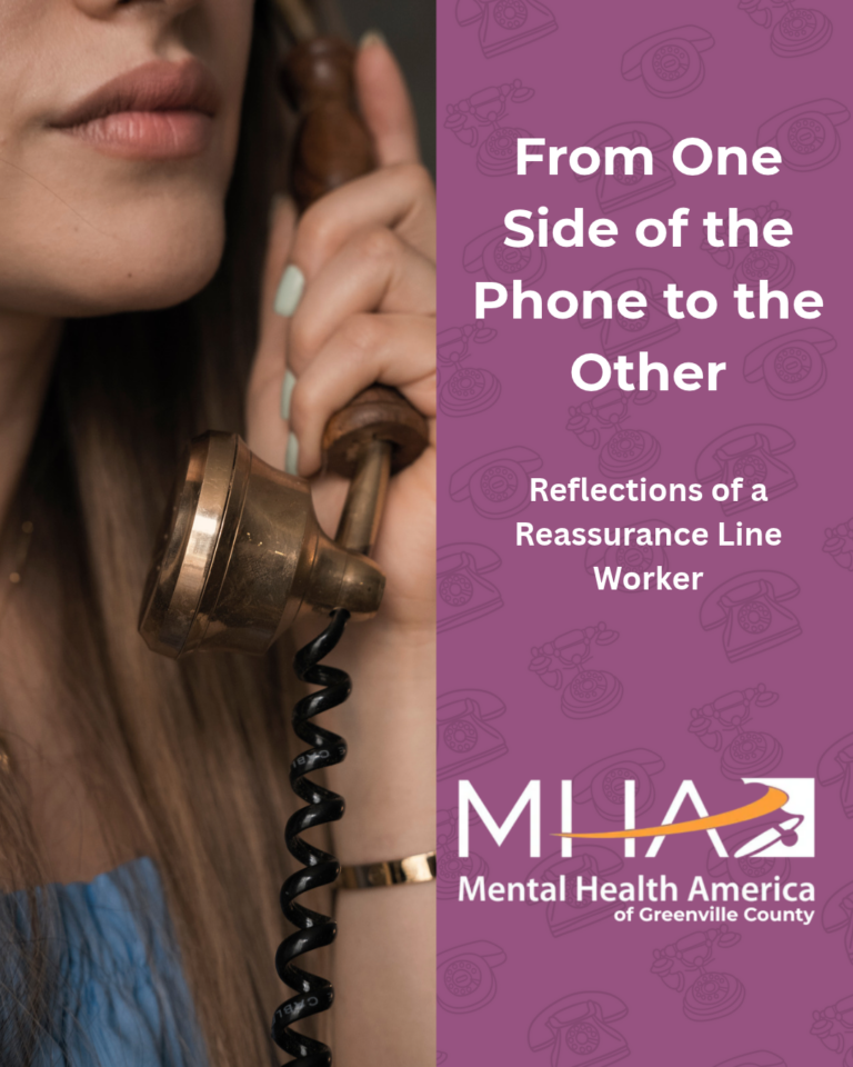 A photo of a woman holding a telephone. The words From One Side of the Phone to the Other Reflections of a Reassurance Line worker and the MHGC Logo