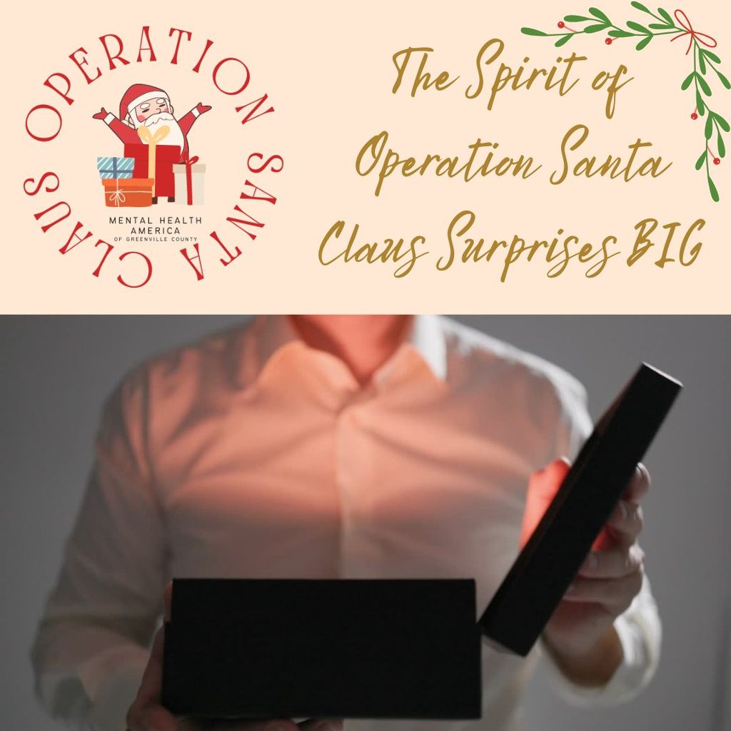 A photo of a person holding a box that is emanating light. The OSC Logo is beside the words The Spirit of Operation Santa Claus Surprises BIG