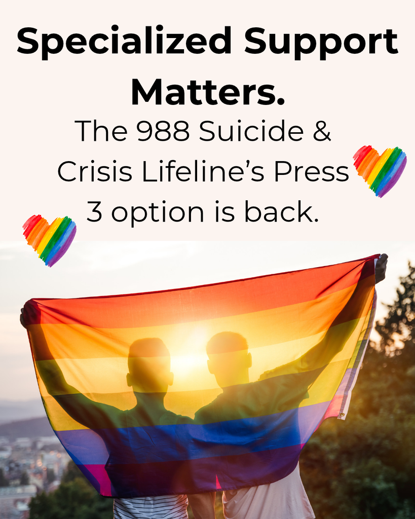 A photo of a couple holding a rainbow flag with the words Specialized Support Matters. The 988 Suicide & Crisis Lifeline's Press 3 Option is back.